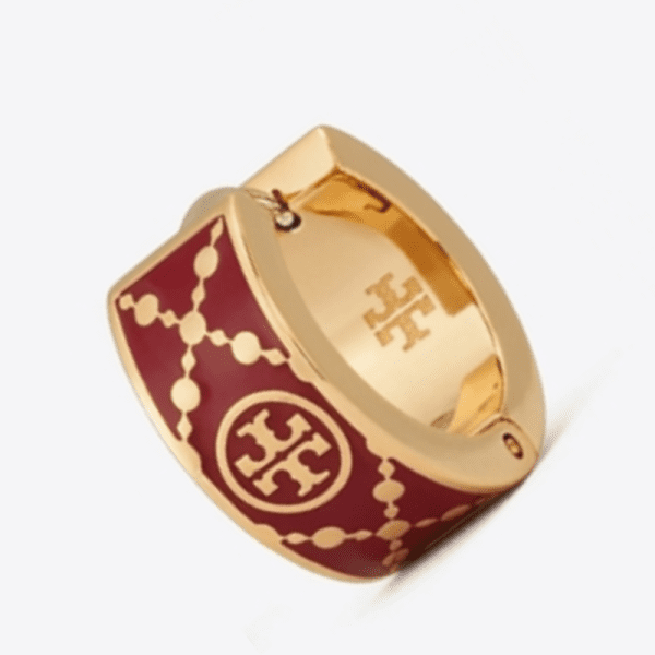 Tory Burch Women’s T Monogram Huggie Earrings – Red & Gold Tone Enamel Logo Hoop Earrings TB6598 - Image 2