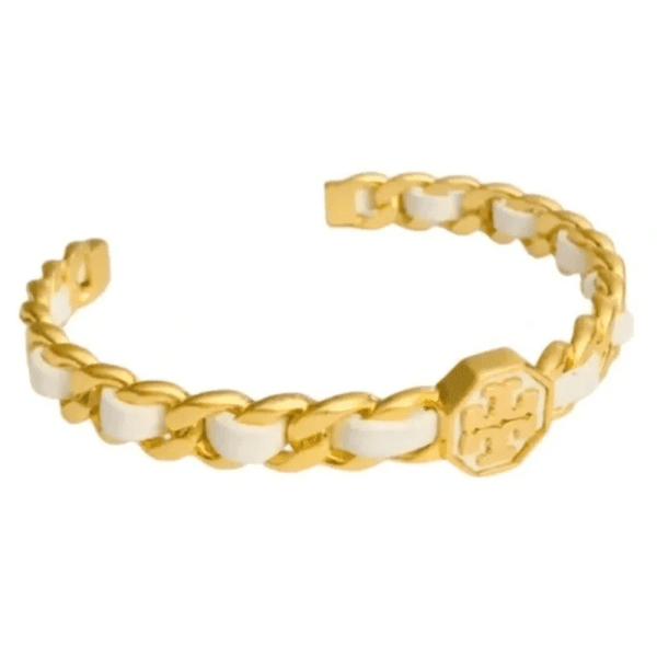Tory Burch Women’s Marion Gold & White Leather Chain Bracelet TB04187