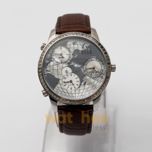 Elle Women’s Quartz Dark Brown Leather Strap Silver & Mother Of Pearl Dial 45mm (Three Time Zone) Watch EL20070S01C/1