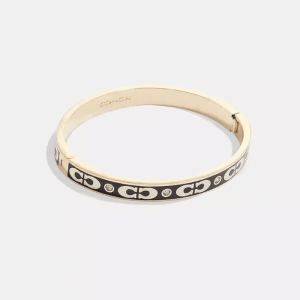 Coach Women’s Repeated C Hinged Bangle Gold Tone Black Enamel Logo Bracelet CFG20