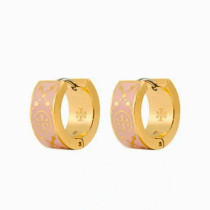 Tory Burch Women’s T Monogram Huggie Earrings Pink & Gold Tone Enamel Logo Hoop Earrings TB6598-1