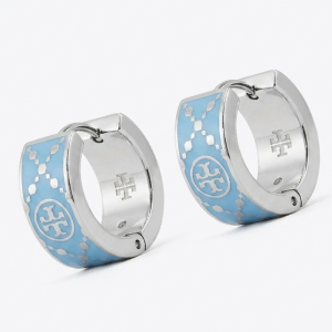 Alternative view of Tory Burch Women’s T Monogram Huggie Earrings Silver & Sky Blue Enamel Logo Hoop Earrings TB6598-2