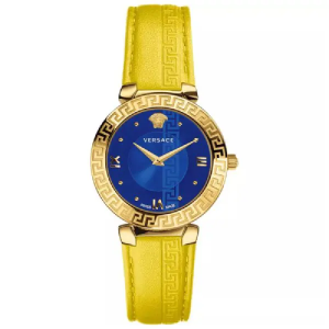 Versace Women’s Quartz Swiss Made Yellow Leather Strap Blue Dial 35mm Watch V16090017 (Shelf Leftover)