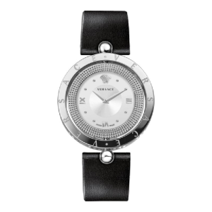 Versace Women’s Quartz Swiss Made Black Leather Strap Silver Sunray Dial 34mm Watch VE7901023 (Shelf Leftover)