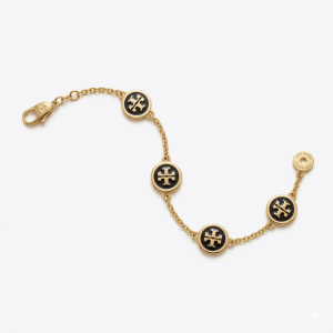 Tory Burch Kira Enamel Station Bracelet Gold Black Logo Charms TB7635-1