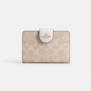 COACH WOMEN’S SIGNATURE CANVAS MEDIUM CORNER ZIP WALLET IN LIGHT KHAKI/CHALK – C3309