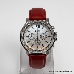 Hugo Boss Women’s Quartz Red Leather Strap Mother Of Pearl Dial 42mm Watch 1502215/1 (Shelf Leftover)
