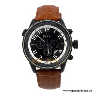 Hugo Boss Men’s Quartz Brown Leather Strap Black Dial 44mm Watch 1512741/1 (Shelf Leftover)