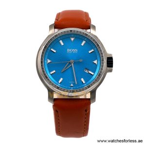 Hugo Boss Men’s Quartz Camel Brown Leather Strap Sky Blue Dial 43mm Watch 1512099/5 (Shelf Leftover)
