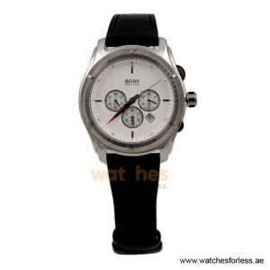 Hugo Boss Men’s Quartz Black Leather Strap White Dial 43mm Watch 1512155/1 (Shelf Leftover)