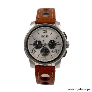 Hugo Boss Men’s Quartz Brown Leather Strap Silver Sunray Dial 47mm Watch 1512489/2 (Shelf Leftover)