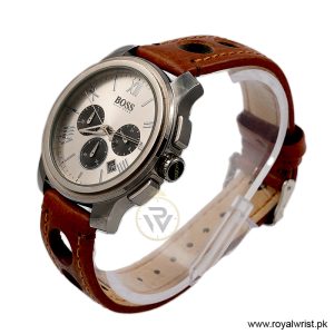 Alternative view of Hugo Boss Men’s Quartz Brown Leather Strap Silver Sunray Dial 47mm Watch 1512489/2 (Shelf Leftover)