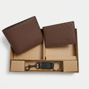 COACH 3-in-1 MEN’S Wallet Set COMPACT ID BIFOLD WALLET IN SPORT CALF LEATHER – DARK BROWN – F74991