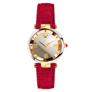 Versace Women’s Quartz Swiss Made Red Leather Strap Silver Mirror Finish Dial 35mm Watch VEAI00119 (Without Tag)