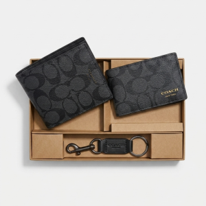 Alternative view of COACH MEN’S SIGNATURE CANVAS COMPACT WALLET WITH FOIL LOGO IN CHARCOAL/BLACK – F66551