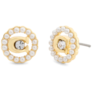 Coach Women’s Signature “C” Crystal & Pearl Circle Stud Gold Tone Earrings 420440GLD107