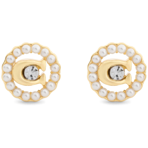 Alternative view of Coach Women’s Signature “C” Crystal & Pearl Circle Stud Gold Tone Earrings 420440GLD107