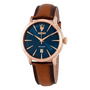 Maserati Men’s Quartz Brown Leather Strap Blue Dial 42mm Watch R8851118001 (Shelf Leftover)