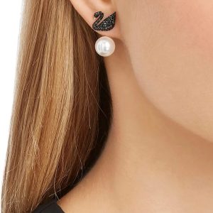 Alternative view of Swarovski Iconic Swan Women’s Black Crystal Earrings Rose Gold-Tone Plated 5193949