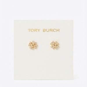 TORY BURCH WOMEN’S SMALL KIRA CRYSTAL LOGO STUD EARRINGS Gold TB7326-2