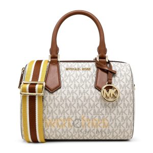 Michael Kors Small Hayes Duffle Crossbody Bag In Signature Coated Canvas For Women’s – Vanilla/Acorn (Size: W:9.5″ H:6.5″ D:3″) B07TPBGL7X
