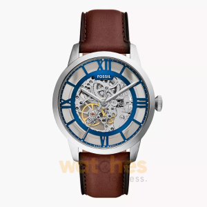 Fossil Men’s Townsman Automatic Brown Leather Strap Silver Skeleton Dial 44mm Watch ME3267