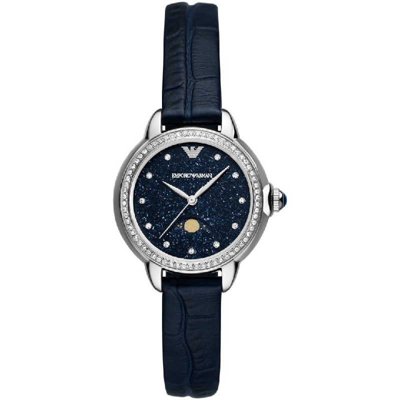 Emporio Armani Women’s Quartz Silver Stainless Steel Blue Moonphase Dial 32mm Blue Leather Watch AR11629