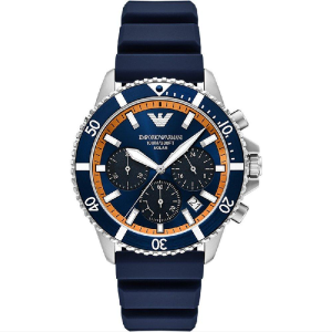 Emporio Armani Men’s Solar Quartz Stainless Steel Blue Dial 43mm Chronograph Blue Silicone Watch AR11696