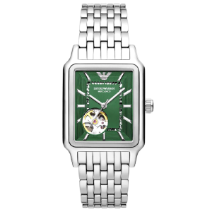 Emporio Armani Men’s Automatic Silver Stainless Steel Green Open-Heart Dial 36mm Watch AR60067