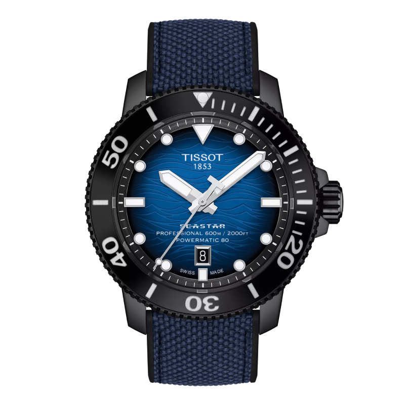TISSOT Men’s Swiss Made Powermatic Blue Fabric Strap Blue Dial 46mm Watch T120.607.37.041.00