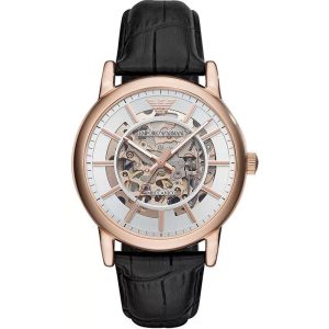 Emporio Armani Men’s Automatic Black Leather Strap Silver Dial 43mm Watch AR60007 (Shelf Leftover)