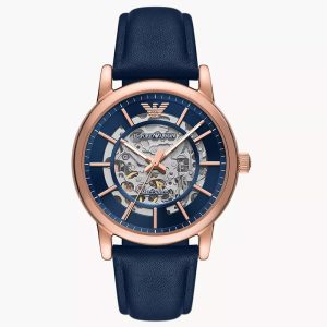 Emporio Armani Men’s Automatic Blue Leather Strap Blue Dial 43mm Watch AR60050 (Shelf Leftover)