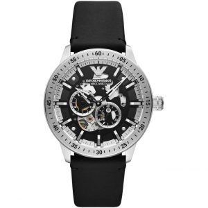 Emporio Armani Men’s Automatic Black Leather Strap Black Dial 43mm Watch AR60051 (Shelf Leftover)