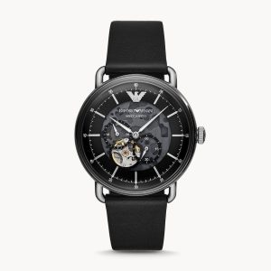 Emporio Armani Men’s Automatic Leather Strap Black Dial 43mm Watch AR60026 (Shelf Leftover)