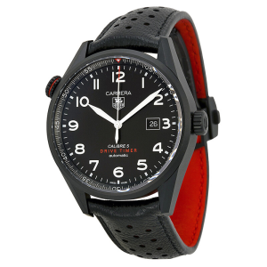 Tag Heuer Carrera Men’s Automatic Swiss Made Black Leather Strap Black Dial 43mm Watch WAR2A80.FC6337