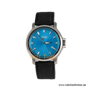 Hugo Boss Men’s Quartz Black Leather Strap Sky Blue Dial 43mm Watch 1512099/6 (Shelf Leftover)
