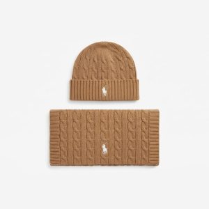 Polo Ralph Lauren Classic Women's Cable-Knit Beanie and Scarf Matching Set Camel Brown 100033102